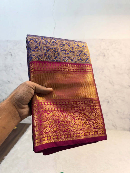 Chatoyant Navy Blue Pure Banarasi Silk Saree With Rhapsody Blouse Piece