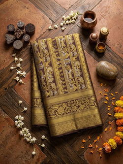 Groovy Brown Pure Banarasi Silk Saree With Piquant Blouse Piece