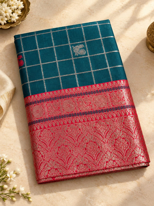 Excellent Rama Pure Banarasi Silk Saree With Allure Blouse Piece