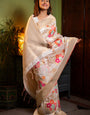 Elision Beige Soft Banarasi Silk Saree With Ailurophile Blouse Piece