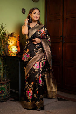 Moiety Black Soft Banarasi Silk Saree With Serendipity Blouse Piece