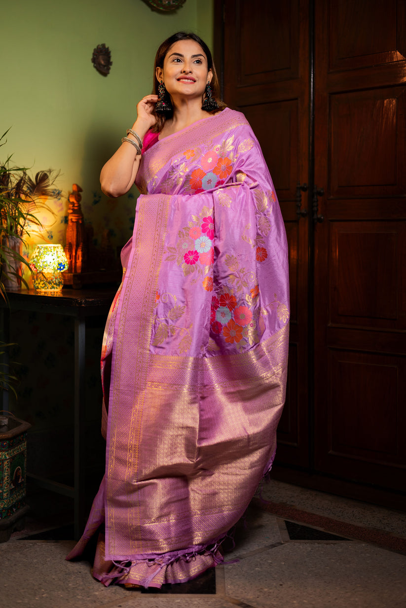 Rhapsody Lavender Soft Banarasi Silk Saree With Cynosure Blouse Piece