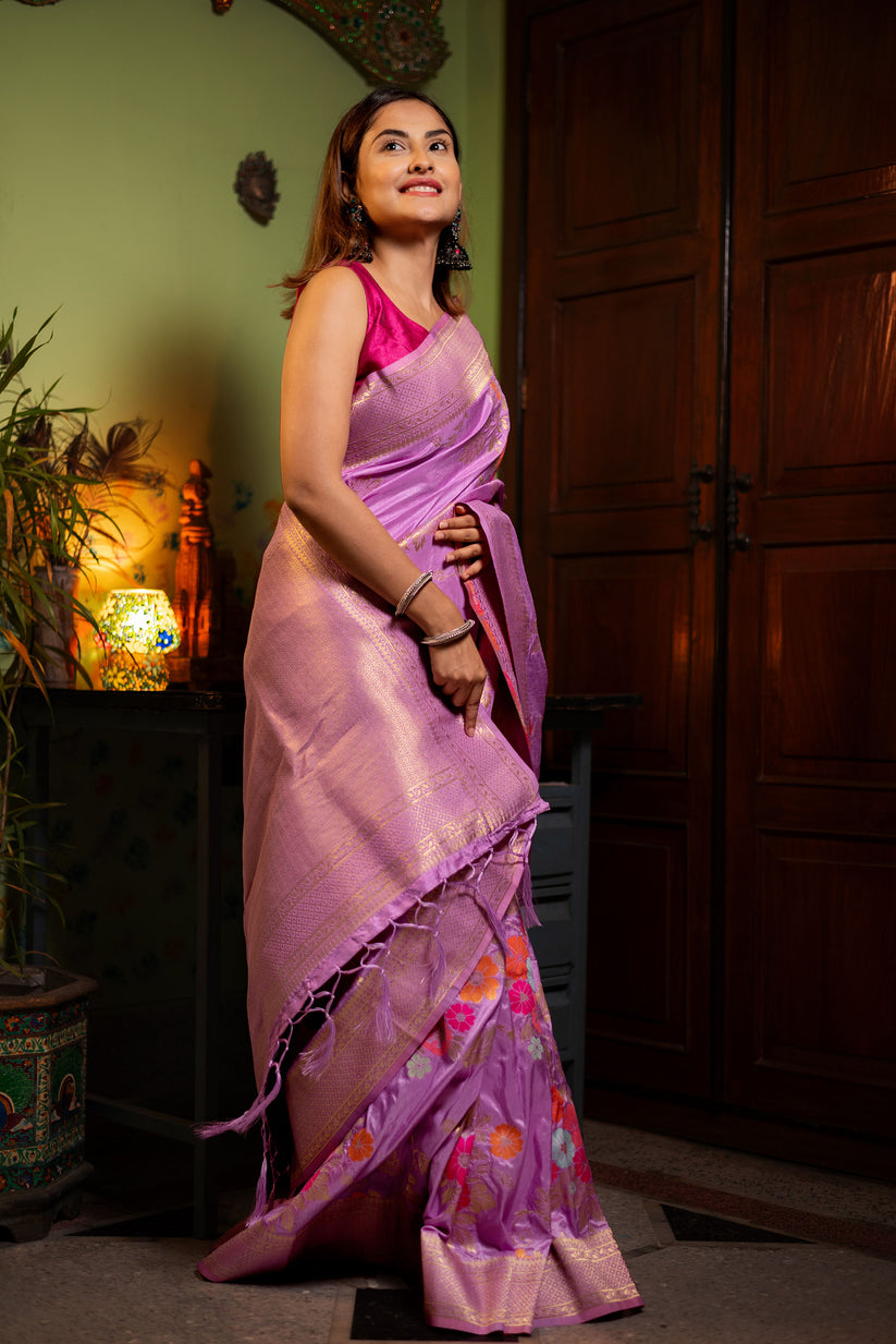 Rhapsody Lavender Soft Banarasi Silk Saree With Cynosure Blouse Piece