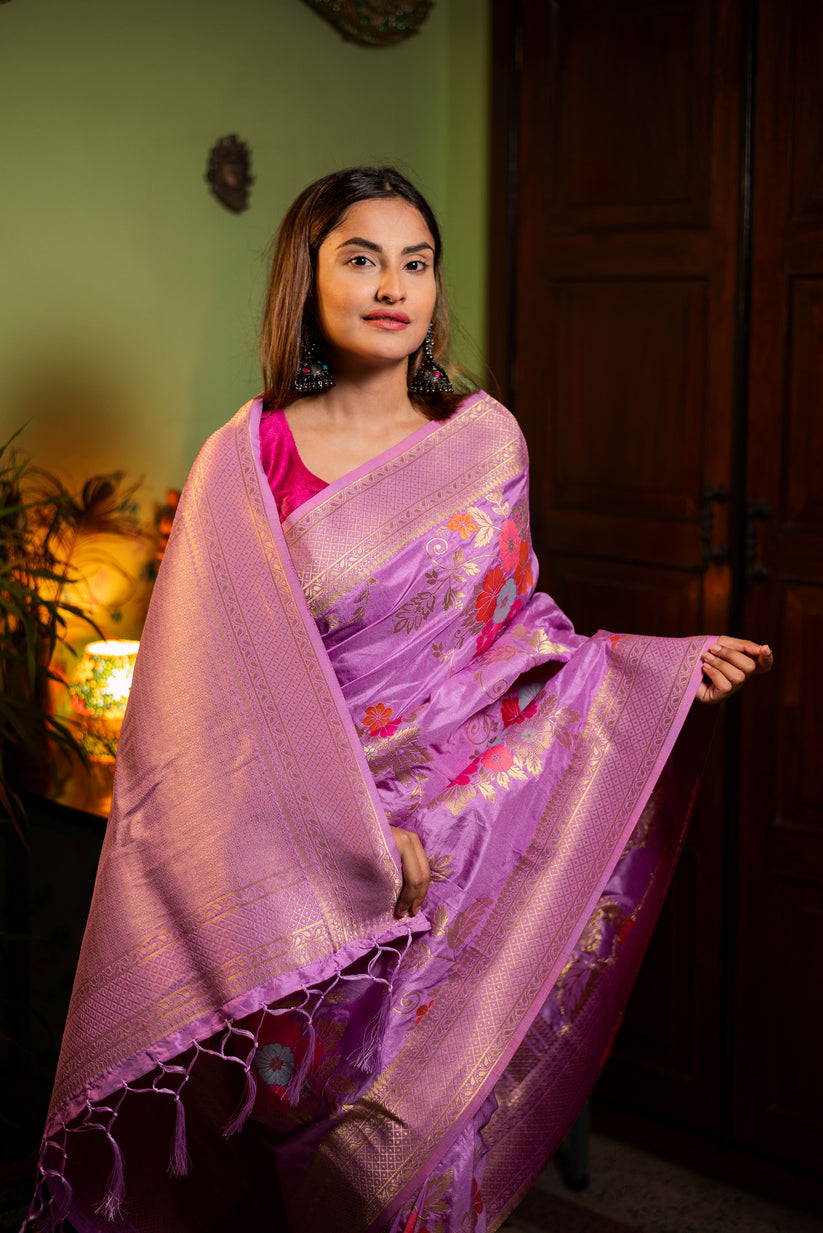 Rhapsody Lavender Soft Banarasi Silk Saree With Cynosure Blouse Piece