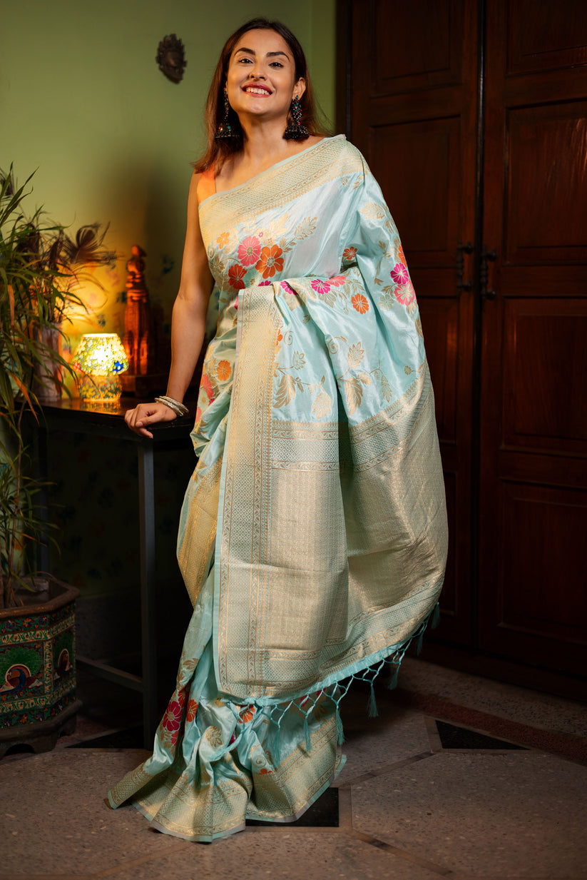 Majestic Sky Soft Banarasi Silk Saree With Alluring Blouse Piece
