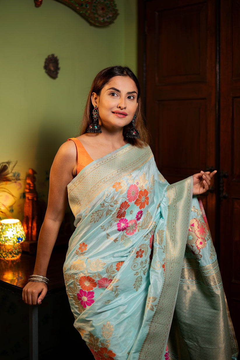 Majestic Sky Soft Banarasi Silk Saree With Alluring Blouse Piece