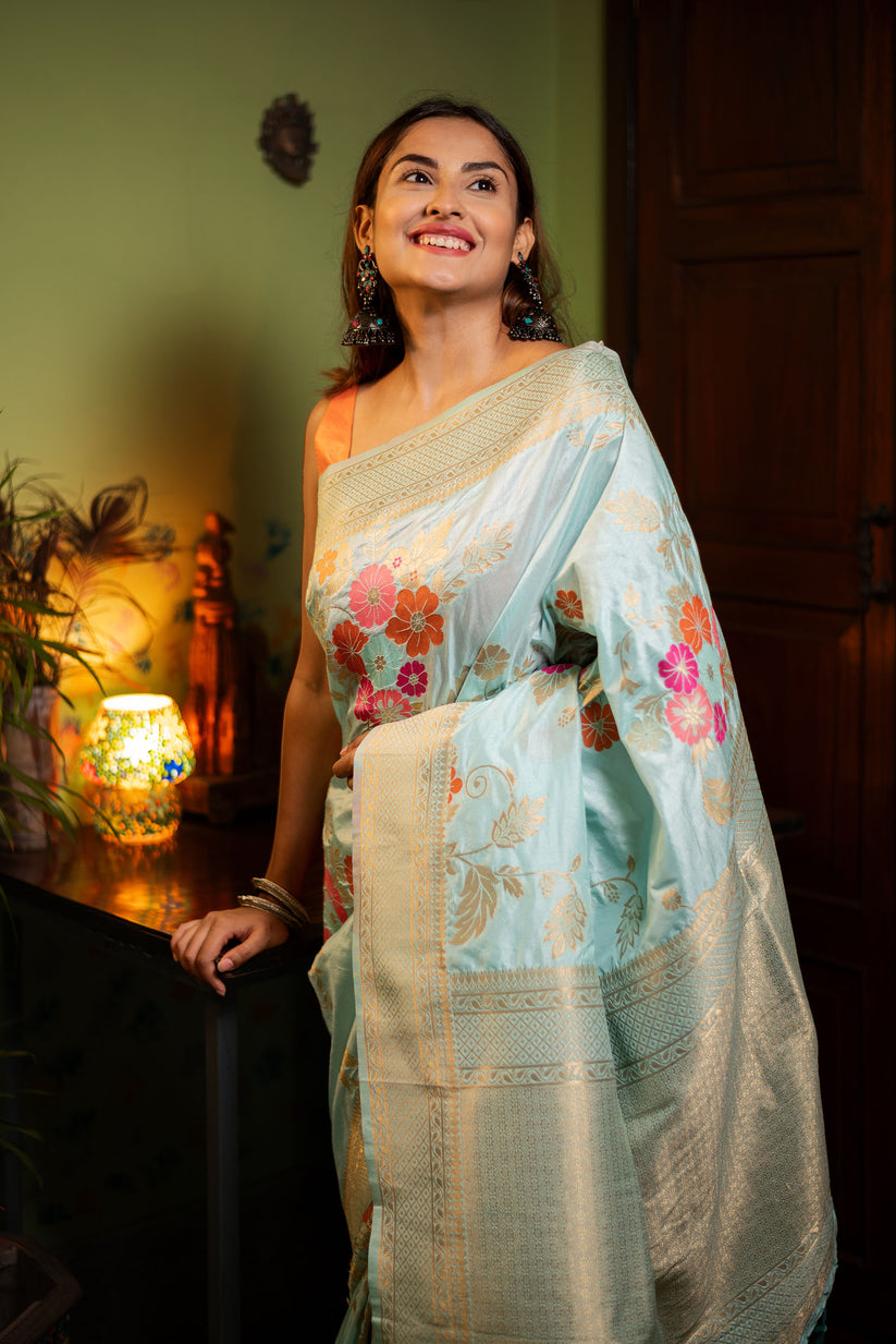 Majestic Sky Soft Banarasi Silk Saree With Alluring Blouse Piece