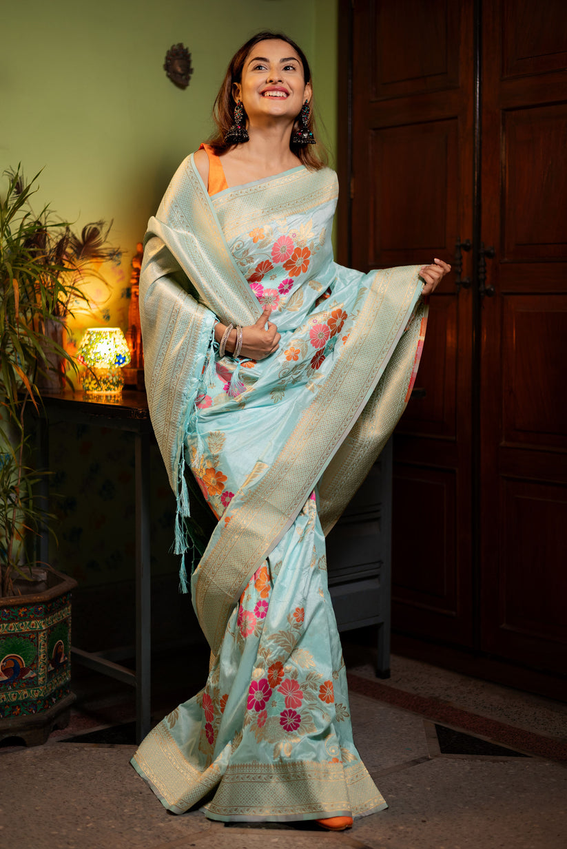 Majestic Sky Soft Banarasi Silk Saree With Alluring Blouse Piece
