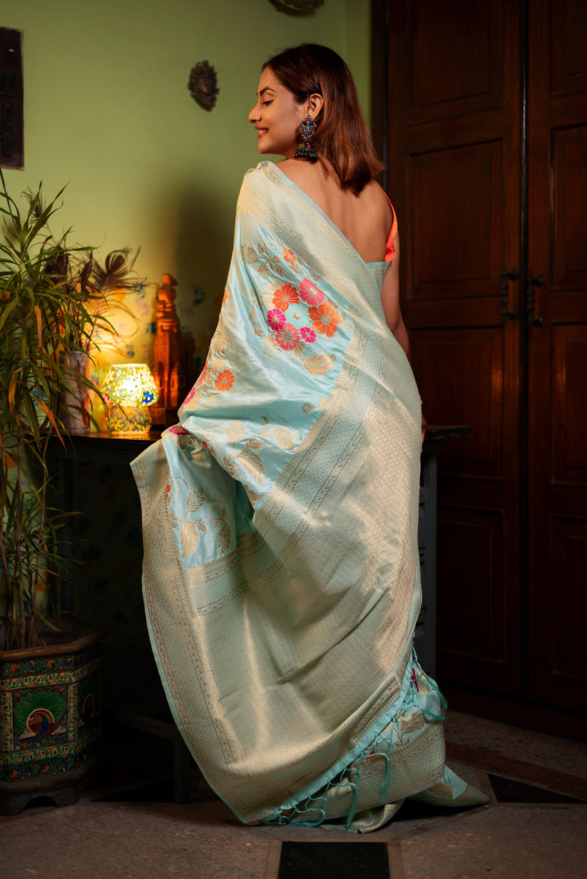 Majestic Sky Soft Banarasi Silk Saree With Alluring Blouse Piece