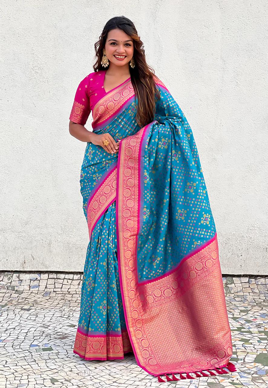 Palimpsest Firozi Soft Silk Saree With Blooming Blouse Piece