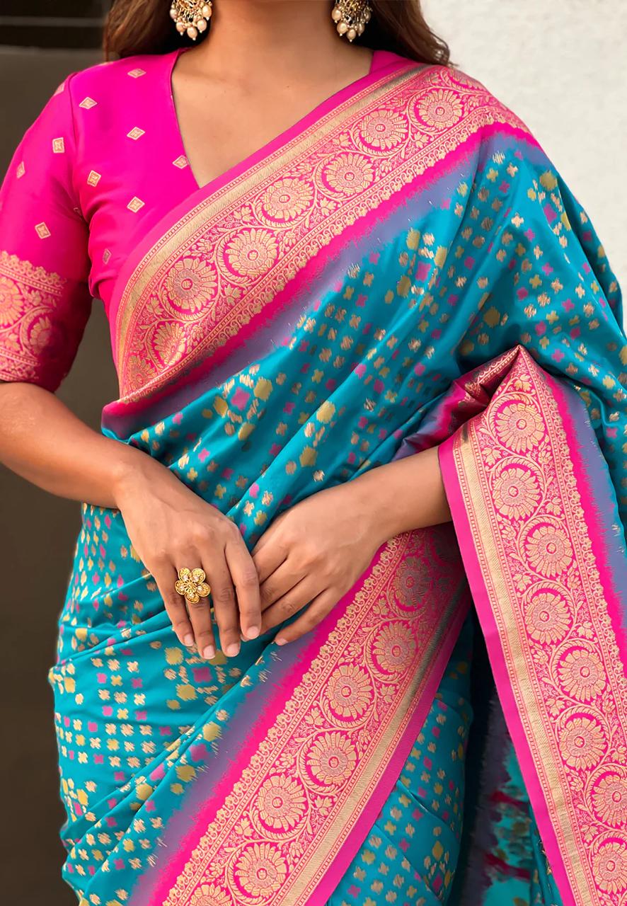 Palimpsest Firozi Soft Silk Saree With Blooming Blouse Piece