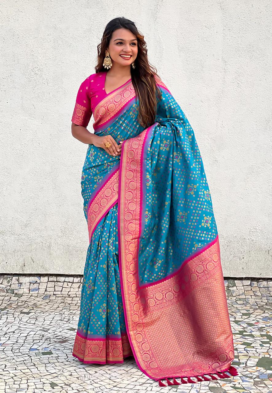 Palimpsest Firozi Soft Silk Saree With Blooming Blouse Piece