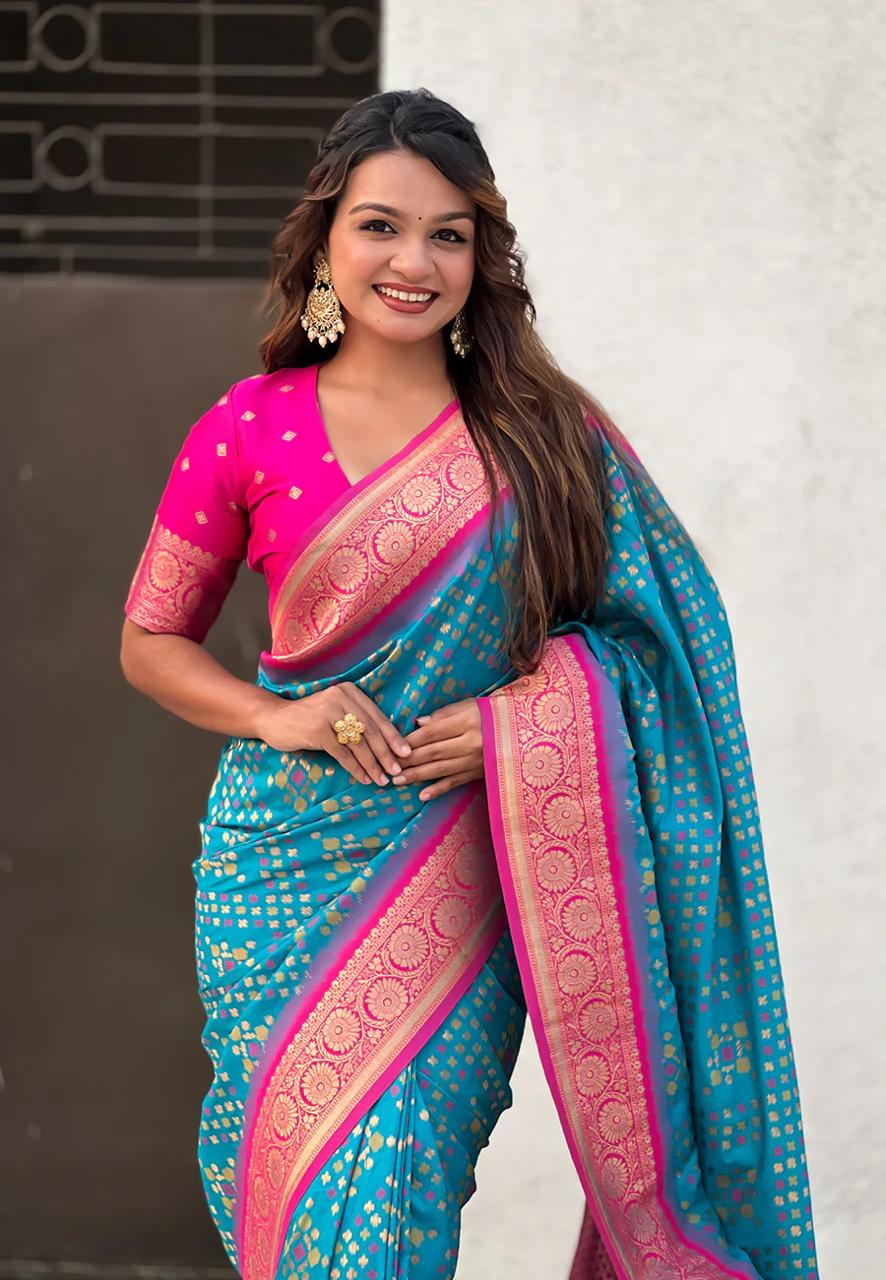 Palimpsest Firozi Soft Silk Saree With Blooming Blouse Piece