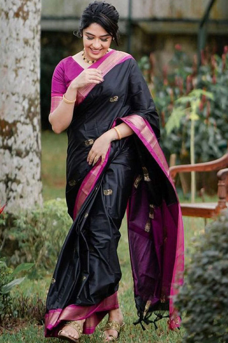 Captivating Black Soft Banarasi Silk Saree With Girlish Blouse Piece