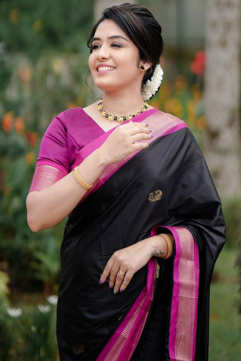 Captivating Black Soft Banarasi Silk Saree With Girlish Blouse Piece