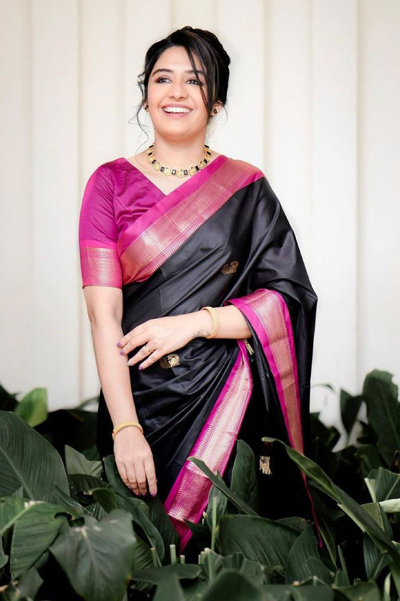 Captivating Black Soft Banarasi Silk Saree With Girlish Blouse Piece