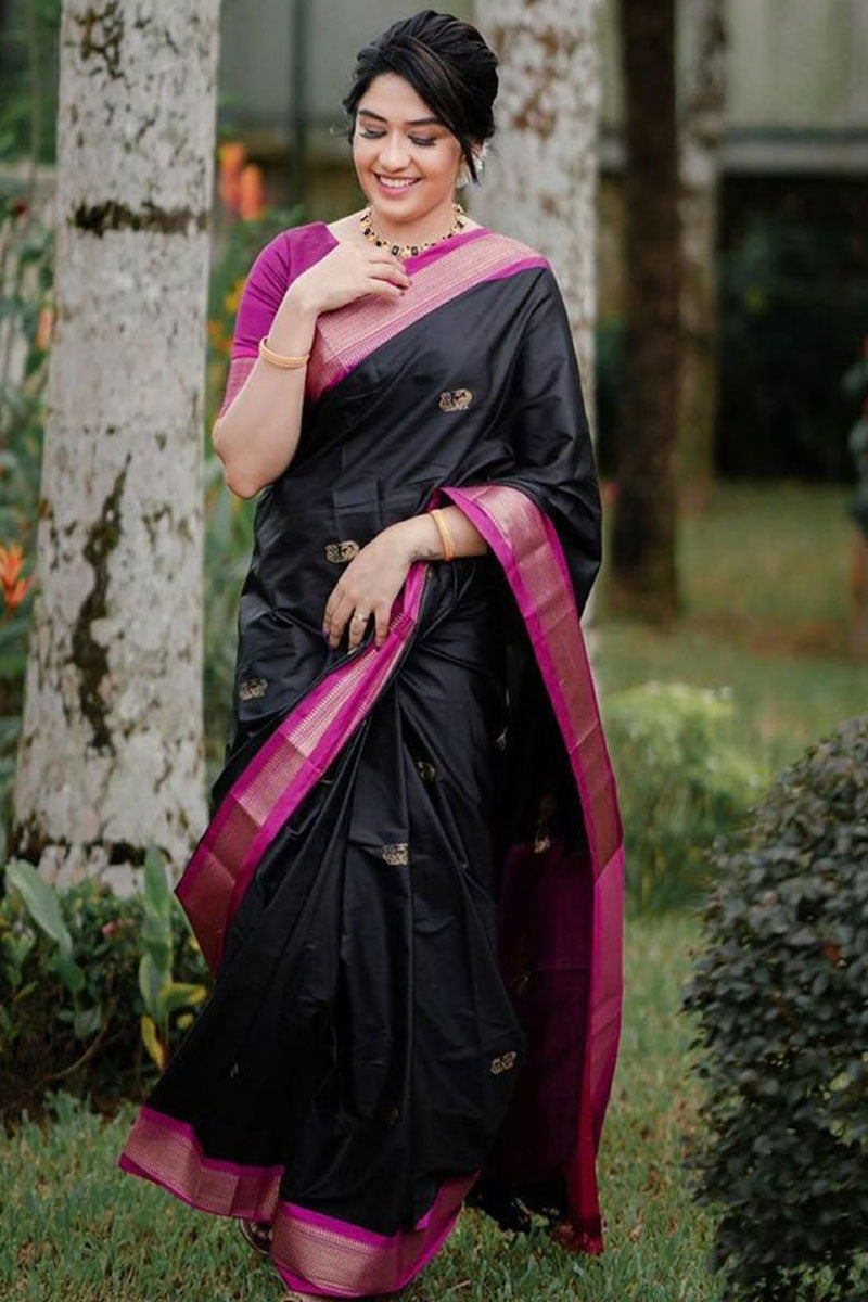 Captivating Black Soft Banarasi Silk Saree With Girlish Blouse Piece