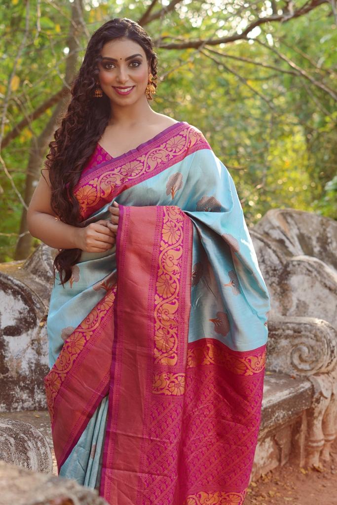 Glowing Sky Soft Banarasi Silk Saree With Girlish Blouse Piece