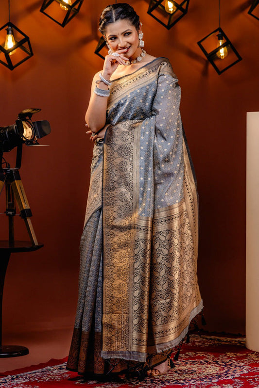 Flaunt Grey Soft Silk Saree With Marvellous Blouse Piece
