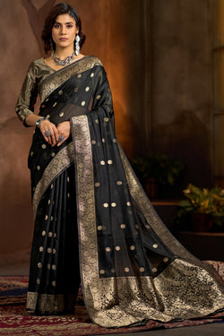 Flaunt Black Soft Banarasi Silk Saree With Nebula Blouse Piece