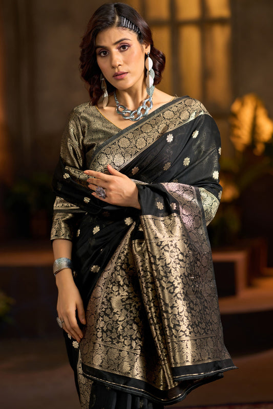 Flaunt Black Soft Banarasi Silk Saree With Nebula Blouse Piece