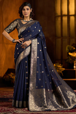 Lissome Navy Blue Soft Banarasi Silk Saree With Charming Blouse Piece