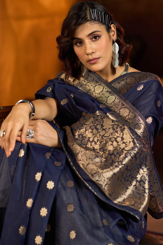 Lissome Navy Blue Soft Banarasi Silk Saree With Charming Blouse Piece