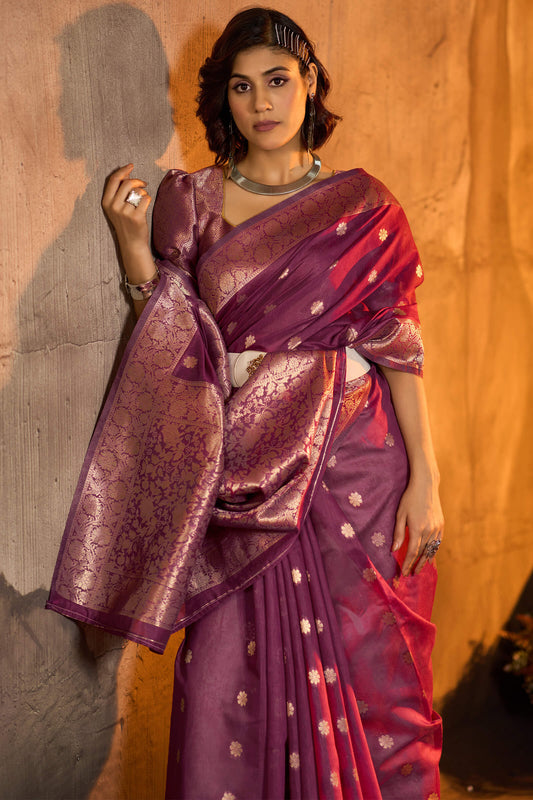 Most Flattering Purple Soft Banarasi Silk Saree With Evanescent Blouse Piece