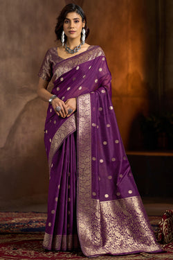 Ephemeral Wine Soft Banarasi Silk Saree With Rhapsody Blouse Piece