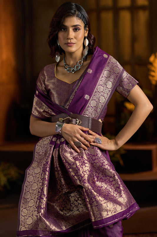 Ephemeral Wine Soft Banarasi Silk Saree With Rhapsody Blouse Piece
