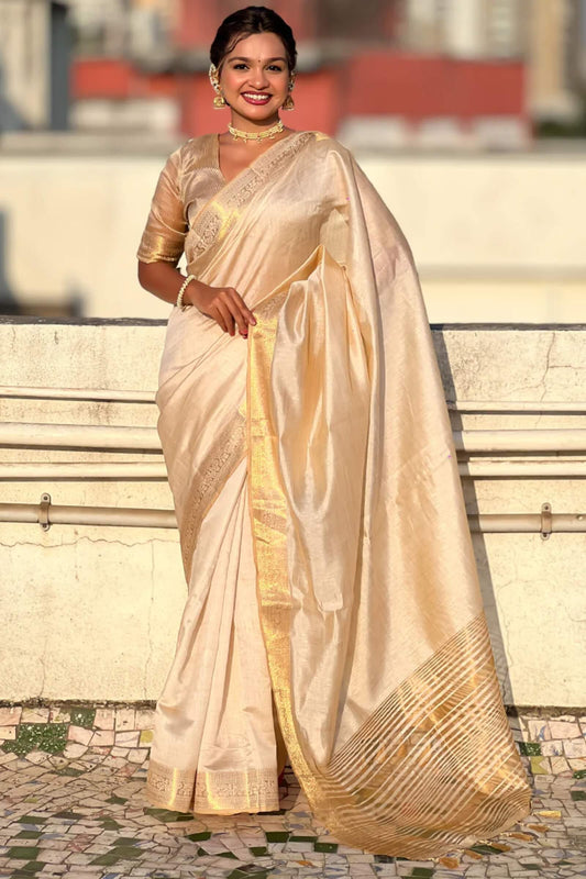 Vibrant Beige Pure Zari Weaving Banarasi Silk Saree With Demanding Blouse Piece