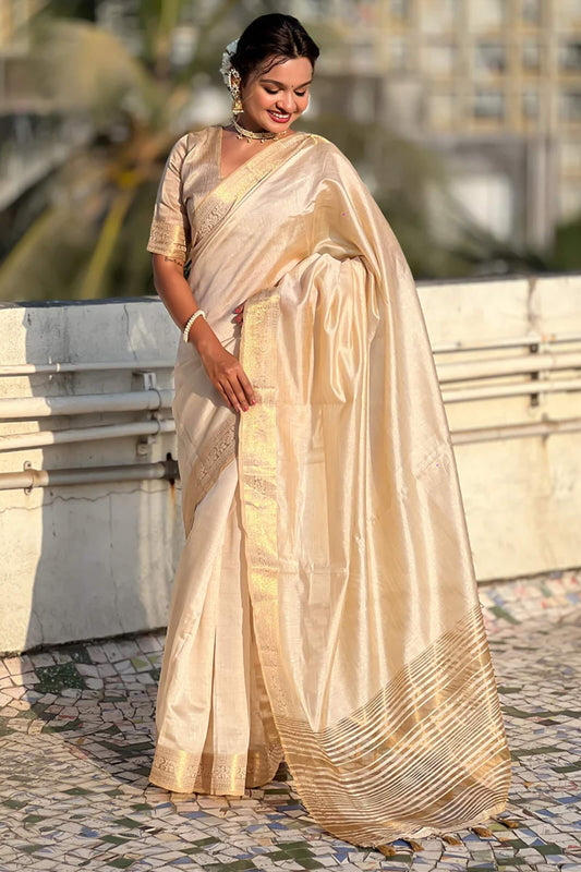 Vibrant Beige Pure Zari Weaving Banarasi Silk Saree With Demanding Blouse Piece