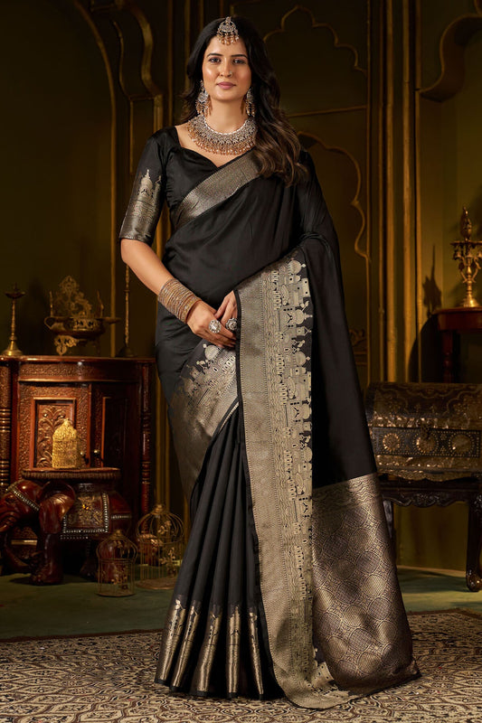 Deserving Black Pure Banarasi Silk Saree With Fragrant Blouse Piece