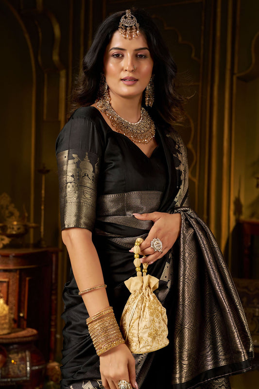 Deserving Black Pure Banarasi Silk Saree With Fragrant Blouse Piece
