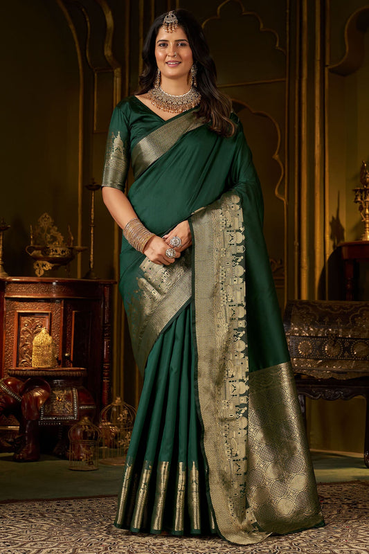 Glowing Dark Green Pure Banarasi Silk Saree With Quixotic Blouse Piece
