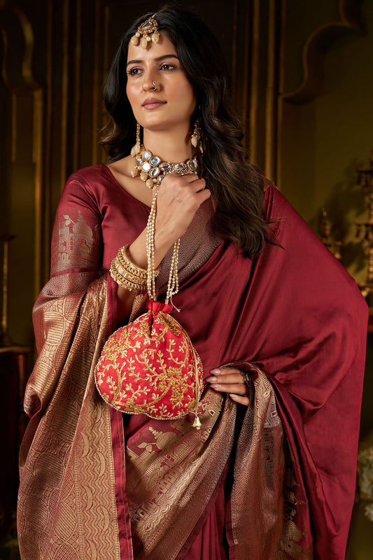 Evanescent Maroon Pure Banarasi Silk Saree With Beguiling Blouse Piece