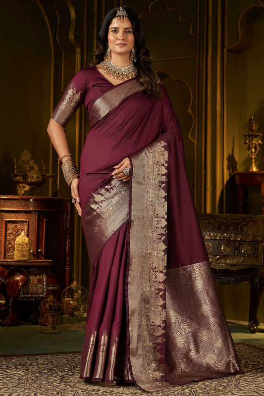 Lovely Wine Pure Banarasi Silk Saree With Surpassing Blouse Piece