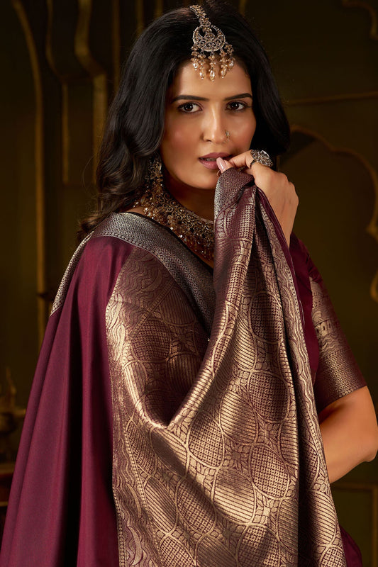 Lovely Wine Pure Banarasi Silk Saree With Surpassing Blouse Piece