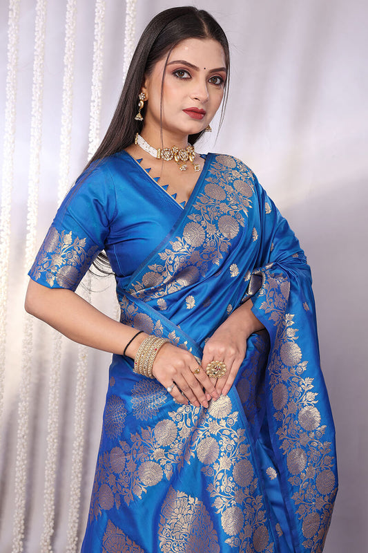 Amazing Firozi Soft Banarasi Silk Saree With Sonorous Blouse Piece