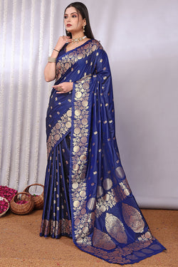 Resplendent Navy Blue Soft Banarasi Silk Saree With Ethereal Blouse Piece