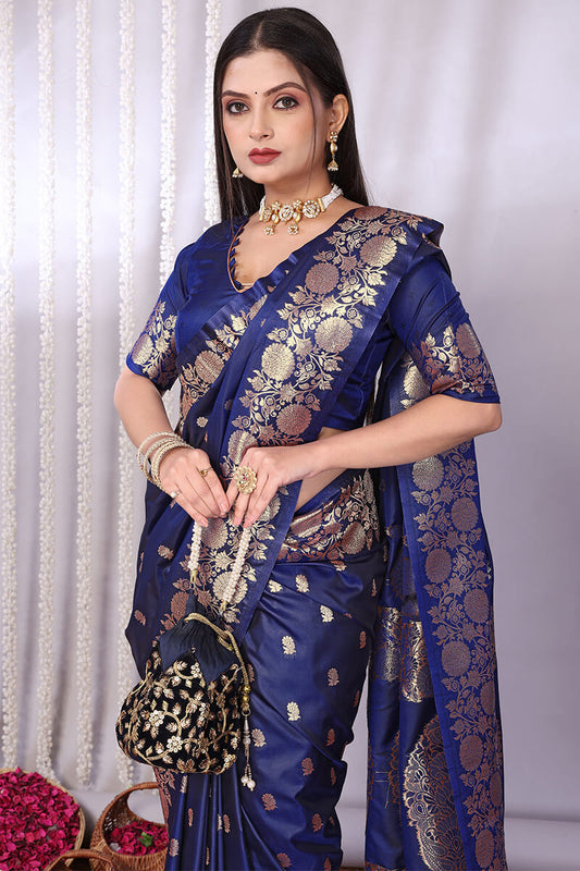 Resplendent Navy Blue Soft Banarasi Silk Saree With Ethereal Blouse Piece