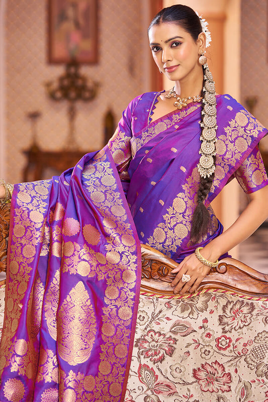 Snazzy Purple Soft Banarasi Silk Saree With Stunner Blouse Piece