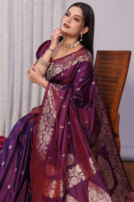 Ideal Wine Soft Banarasi Silk Saree With Glamorous Blouse Piece