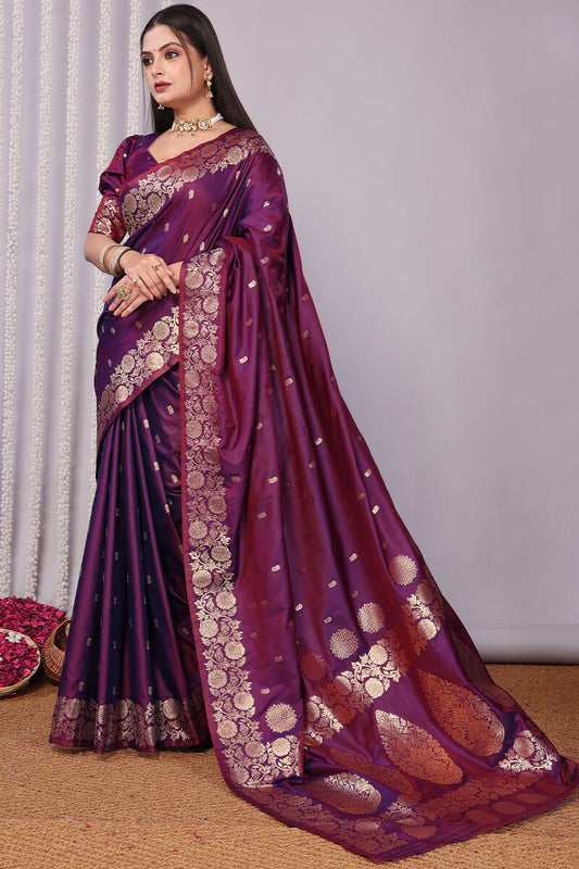 Ideal Wine Soft Banarasi Silk Saree With Glamorous Blouse Piece