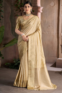 Resplendent Beige Pure Zari Weaving Banarasi Silk Saree With Ailurophile Blouse Piece