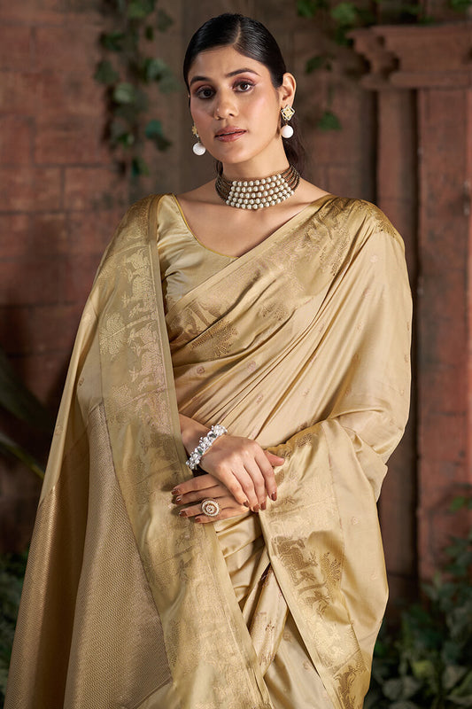 Resplendent Beige Pure Zari Weaving Banarasi Silk Saree With Ailurophile Blouse Piece