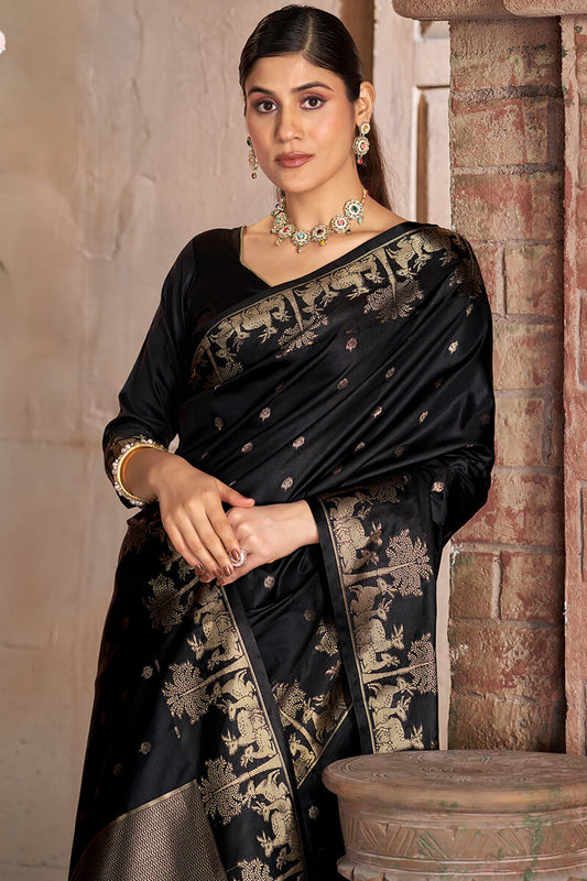 Amazing Black Pure Zari Weaving Banarasi Silk Saree With Palimpsest Blouse Piece