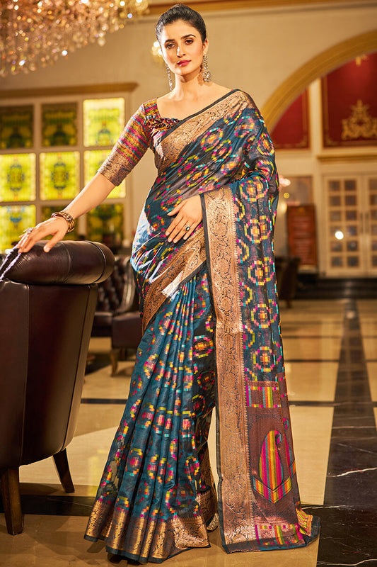 Super Moiety Blue Organza Silk Saree With Bucolic Blouse Piece