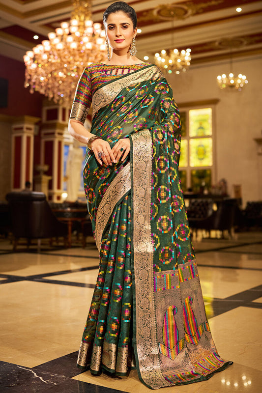 Fragrant Dark Green Organza Silk Saree With Nemesis Blouse Piece