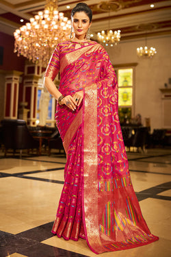 Elaborate Dark Pink Organza Silk Saree With Enticing Blouse Piece